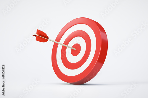 Red arrow aim to business target goal hit success center accuracy competition symbol or strategy dartboard and winner bullseye archery isolated on white 3d background icon with marketing achievement. photo