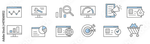 SEO, search engine optimization icons. Symbols of Internet marketing, digital content analysis and management. Vector hand drawn set of shopping cart, megaphone, computer screen with graph and target