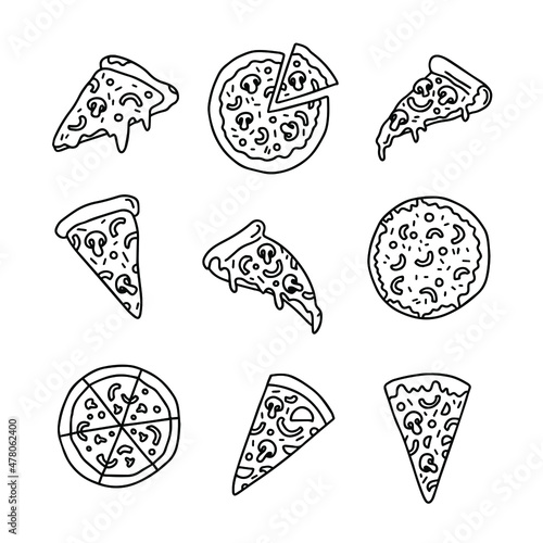 Outline pizza slices whole pizza Vector simple Doodle style