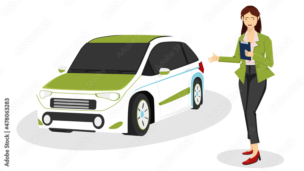 ฺBusiness woman or Business Girl hold documents to prepare eco car electronic plug for sale in the showroom for sale. On isolated white background. ฺBusiness woman or Business Girl hold documents to prepare eco car electronic plug for sale in the showroom for sale. On isolated white background.