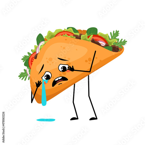 Cute character mexican taco with crying and tears emotion, sad face, depressive eyes, arms and legs. Fast food person with melancholy expression, sandwich with flatbread.