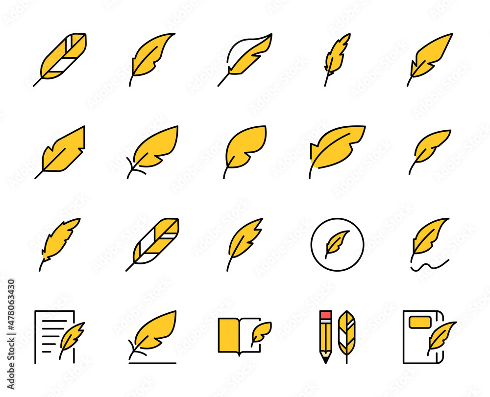 Feather pen line icon set. Collection of high quality color outline logo for mobile concepts and web apps. Education set in trendy flat style. Vector illustration on a white background Feather pen line icon set. Collection of high quality color outline logo for mobile concepts and web apps. Education set in trendy flat style. Vector illustration on a white background