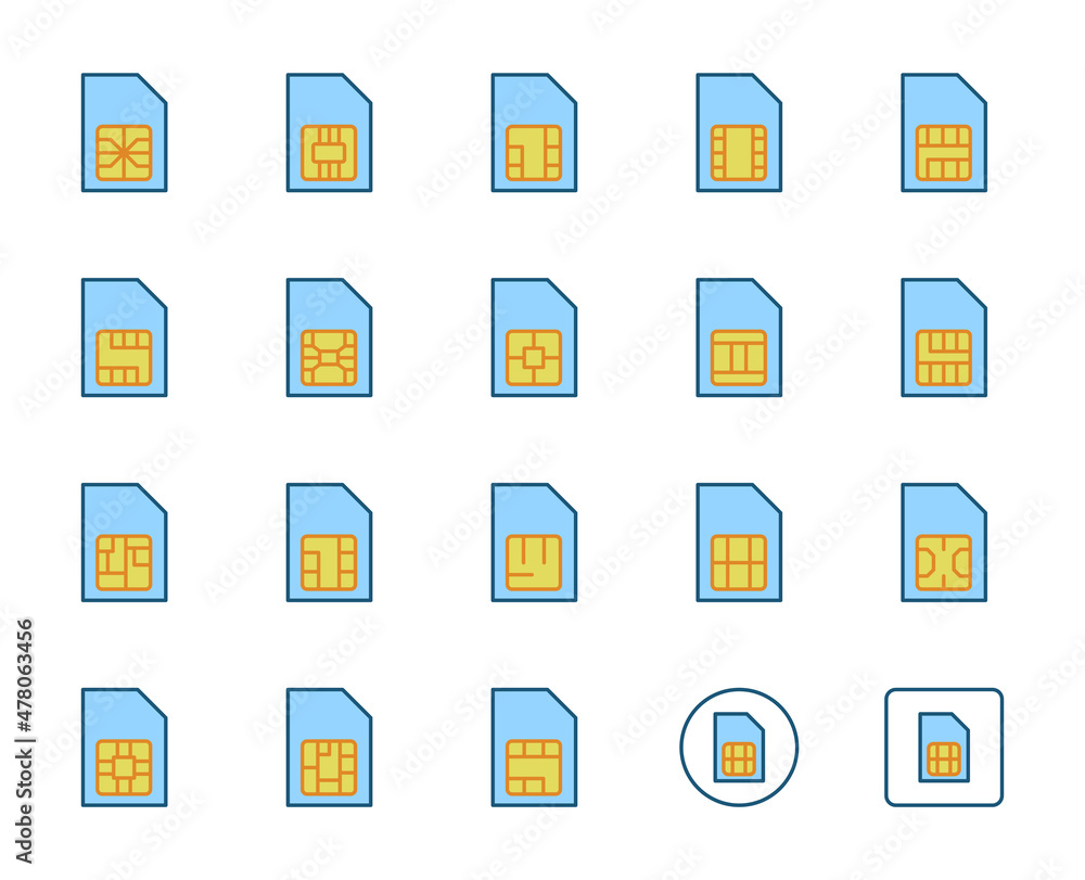 SIM card icon set. Collection of high quality outline web pictograms in modern flat style. Color electronics symbol for web design and mobile app on white background. Line logo EPS10