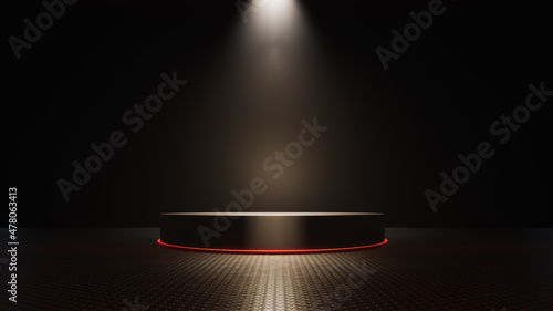 Black round podium on dark background. Empty pedestal for award ceremony. Platform illuminated by spotlights. 3D illustration