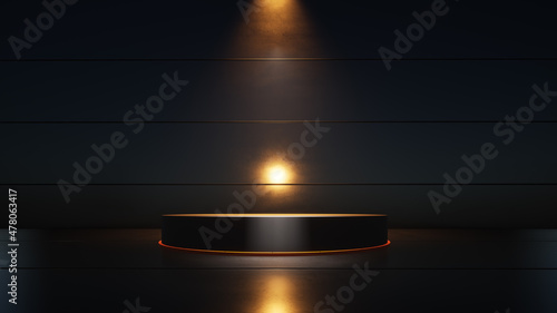 Black round podium on dark background. Empty pedestal for award ceremony. Platform illuminated by spotlights. 3D illustration © MUS_GRAPHIC
