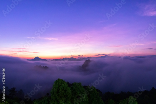 The beautiful early morning sky with twilight and waves of fog of Baan Ja Bo village viewpoint Pang Mapha, Mae Hong Son, Northern Thailand. 