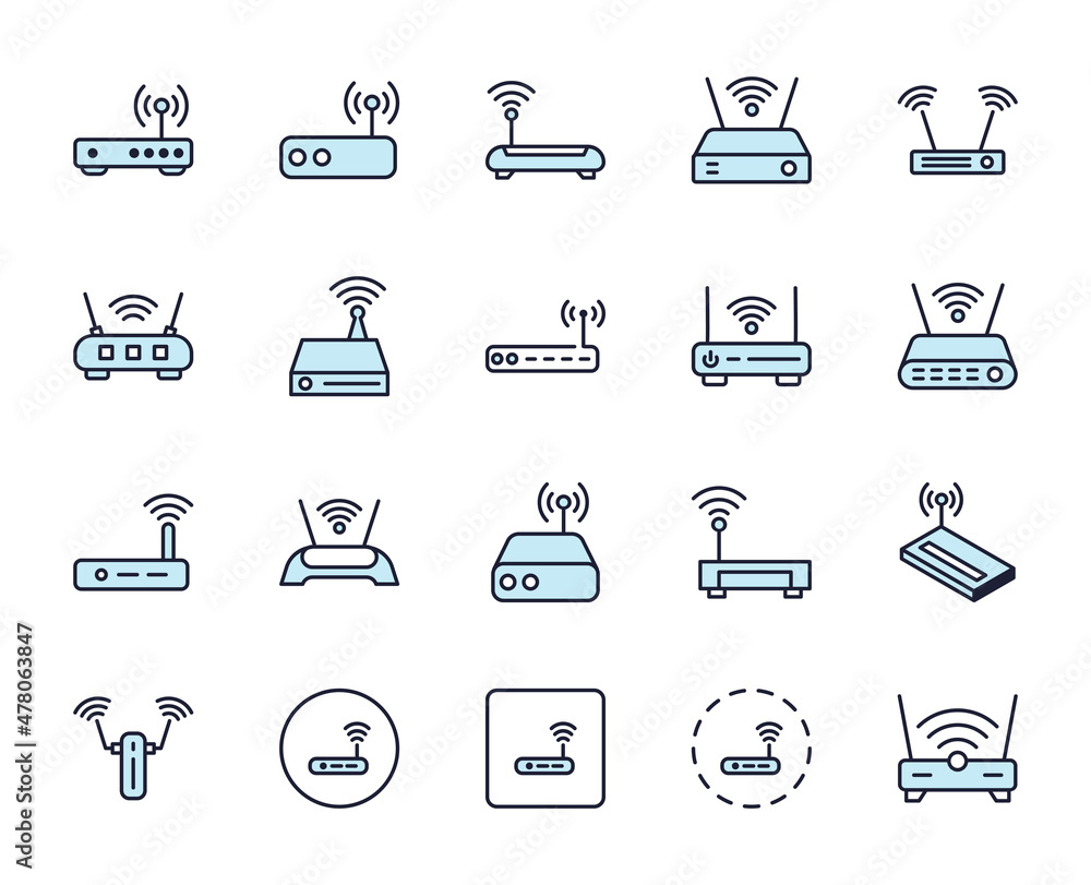 Router set line icons in flat design with elements for web site design ...