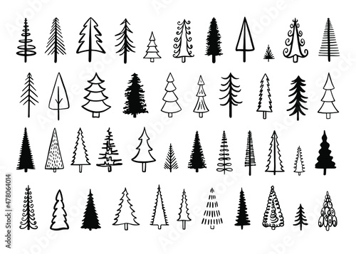  fir tree Outline doodle hand drawn set Simple style trees