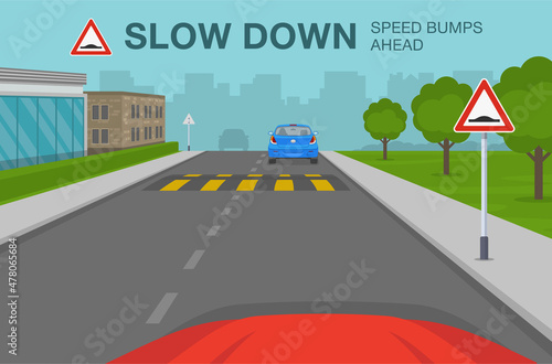 Safety car driving rule. Car is reaching the speed bump on the road. Slow down speed bumps ahead warning sign meaning. Flat vector illustration template.