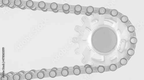 Bicycle chain is attached to the sprocket or gear. Made of opaque plastic. Copy space for your text, 3D Render.