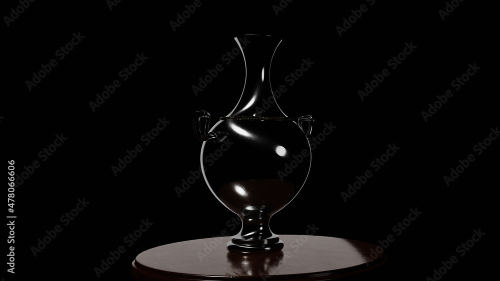 A metal jug standing on a table in backlight against a black background. 3D Rendering. A metal jug standing on a table in backlight against a black background. 3D Rendering.