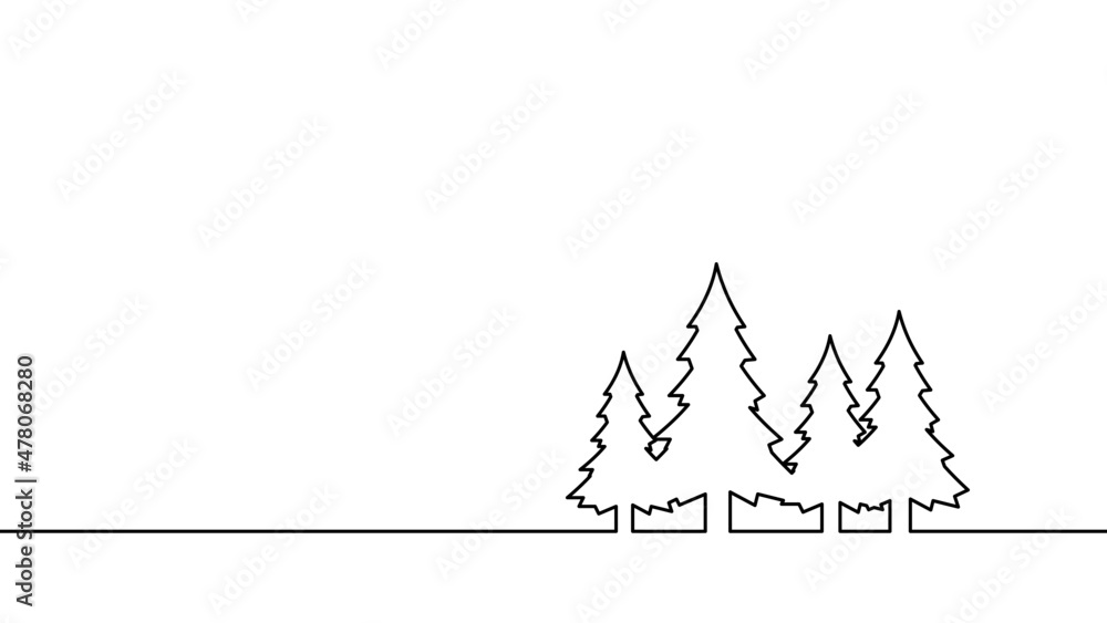 Draw a continuous line of a pine forest. Forest nature concept