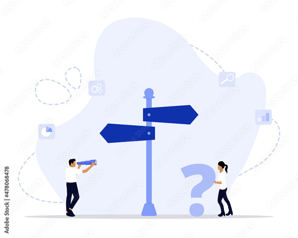Decision Making Vector Illustration Concept Showing a confused person trying to decide which direction to go, Suitable for landing page, ui, web, App intro card, editorial, flyer, and banner. Decision Making Vector Illustration Concept Showing a confused person trying to decide which direction to go, Suitable for landing page, ui, web, App intro card, editorial, flyer, and banner.