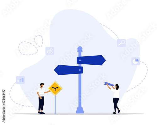 Decision Making Vector Illustration Concept Showing a confused person trying to decide which direction to go, Suitable for landing page, ui, web, App intro card, editorial, flyer, and banner.