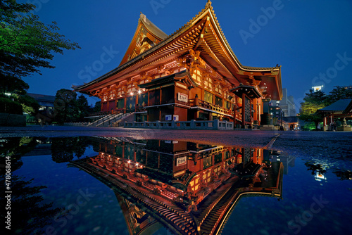 浅草寺「水溜りに反射する本堂」