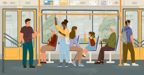 People in bus vector concept illustration. City public ptransport interior, sitting and standing passengers. People commute by bus