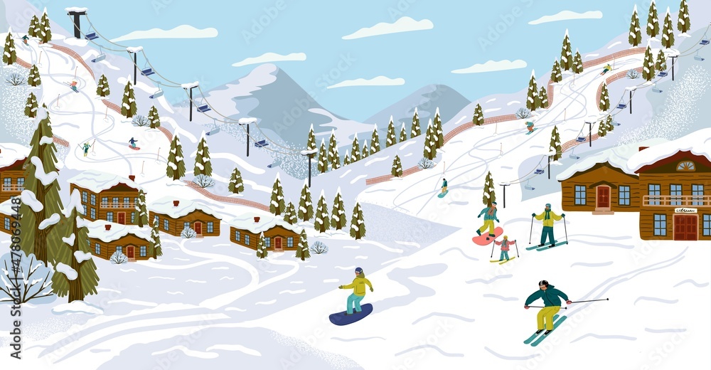 Ski resort with skiers, cable cars, ski lifts, vector illustration. Winter holidays and sport activity. Winter season mountain landscape with alps chalet. Mountain ski, snowboard, downhill track - obrazy, fototapety, plakaty 