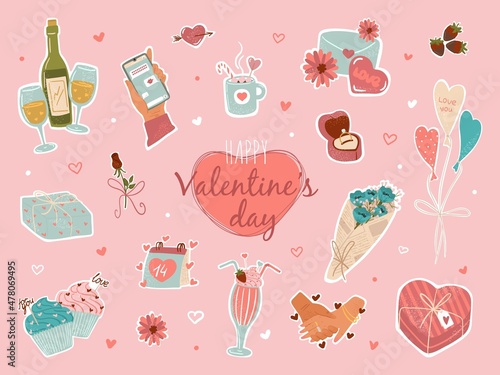 Valentines day stickers and design elements. Vector hand drawn icons and stickers. Template for scrapbook, logo, planners, greeting and invitation card. Heart, flower bouquet, sweets, cupcakes