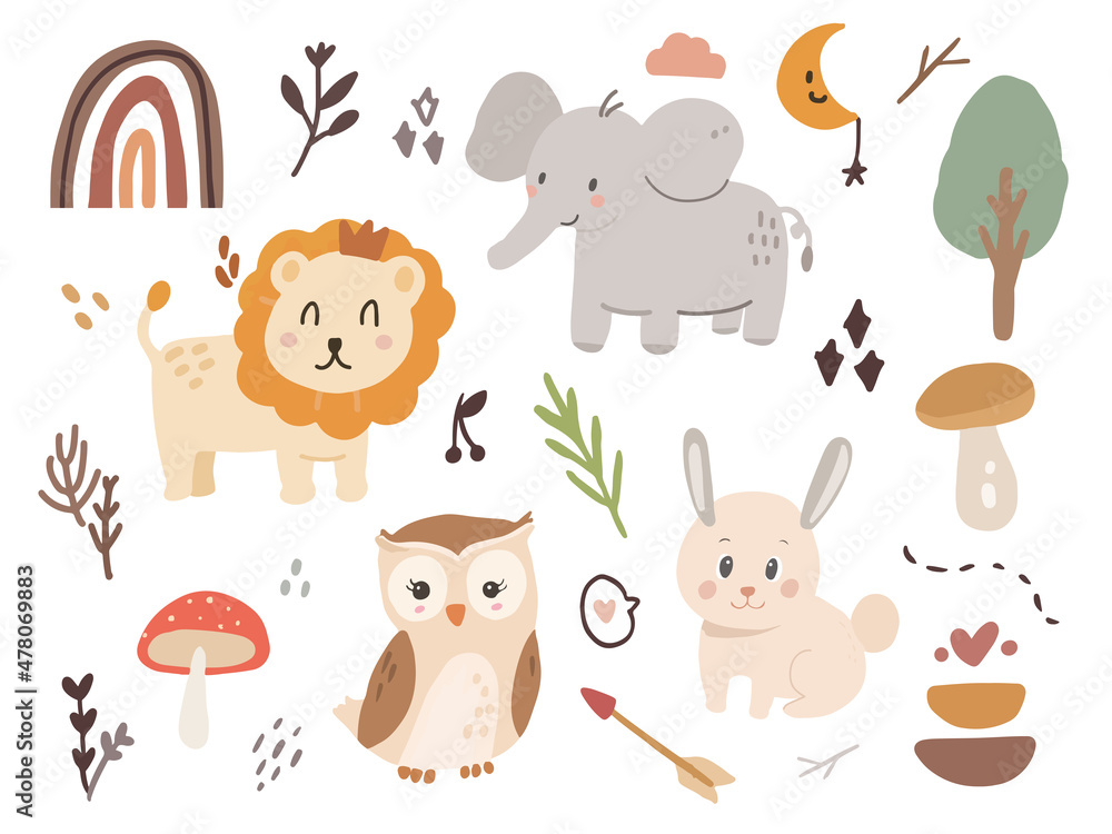 Set minimalist aesthetic baby forest animal cartoon illustration. Set animal for kids elephant, lion, rainbow, rabbit, owl