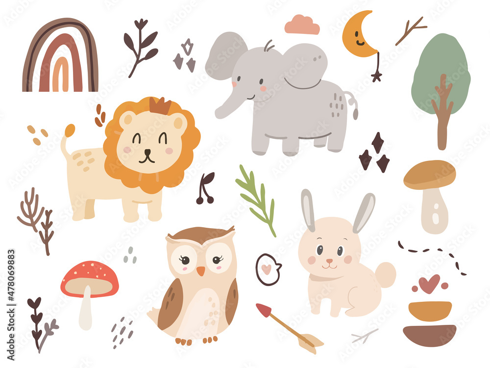 Obraz premium Set minimalist aesthetic baby forest animal cartoon illustration. Set animal for kids elephant, lion, rainbow, rabbit, owl