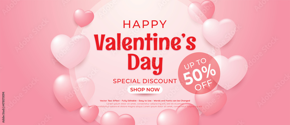 Realistic banner Valentine's day special offer with pink and white air balloons on pink background