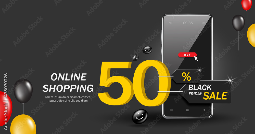 Fototapeta premium 50% off and black friday tag in front of the smartphone for online shopping black friday sale concept,vector 3d for advertising discount promotion