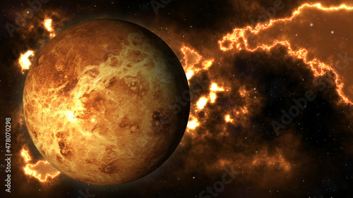 Venus surface. Venus in 360-degree rotation. Realistic 3D render of Venus and stars.   