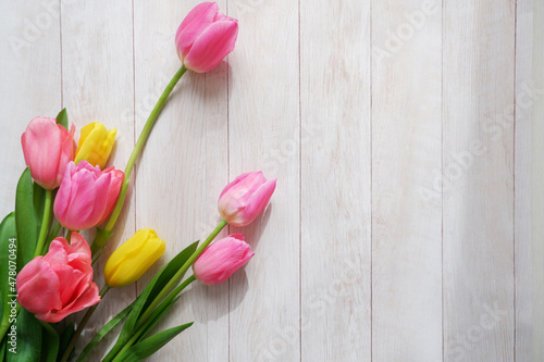 Colorful tulip flowers on white wooden background. Mother's day, Valentine, Women's day and spring time concept floral background.