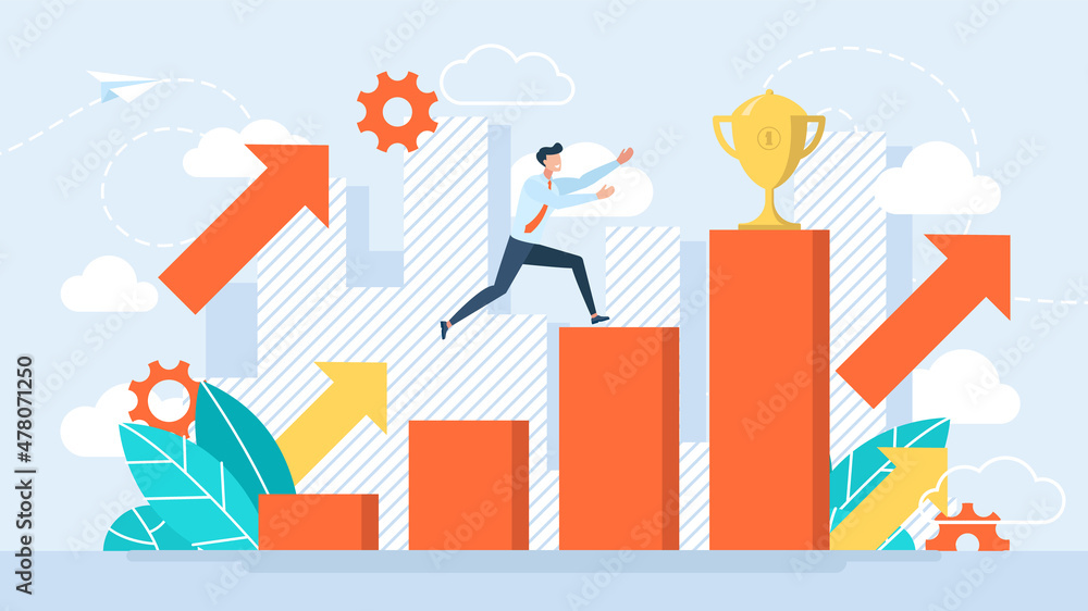 The concept of victory, competition. Business success strategy. The young man reaches the goal. Businessman benefits from business. Reward for work. Golden cup. First place. Vector flat illustration.