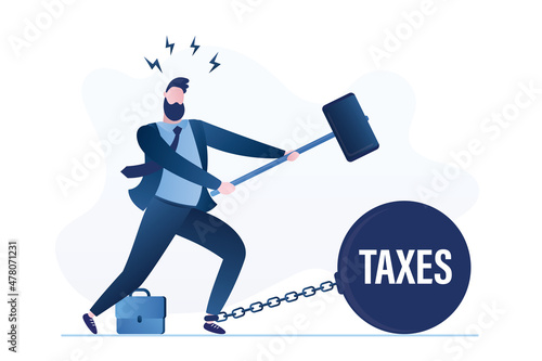 Confident businessman smashes burden of taxes using hammer. Successful male entrepreneur starts making a profit. Financial independence concept. Lack of debts, taxes.