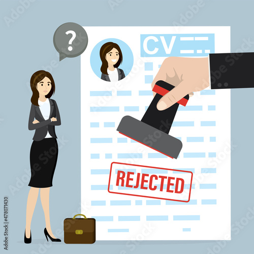 Big hand holds seal and puts stamp on resume - rejected. Unhappy unemployed woman with briefcase. Sad female character near paper CV. Job rejection, bad resume. Unemployment.