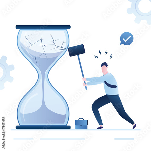 Angry businessman or employee smashes big hourglass using hammer. Deadline ot time management background. Final countdown, business concept. Last call. Funny guy in trendy colors