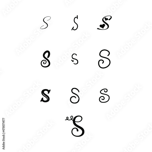 Alphabet Hand lettering drawing set of 10 cute Alphabets S. Decorative letter shape .Calligraphy Alphabet S Sample Styles For Artist And Printed design.