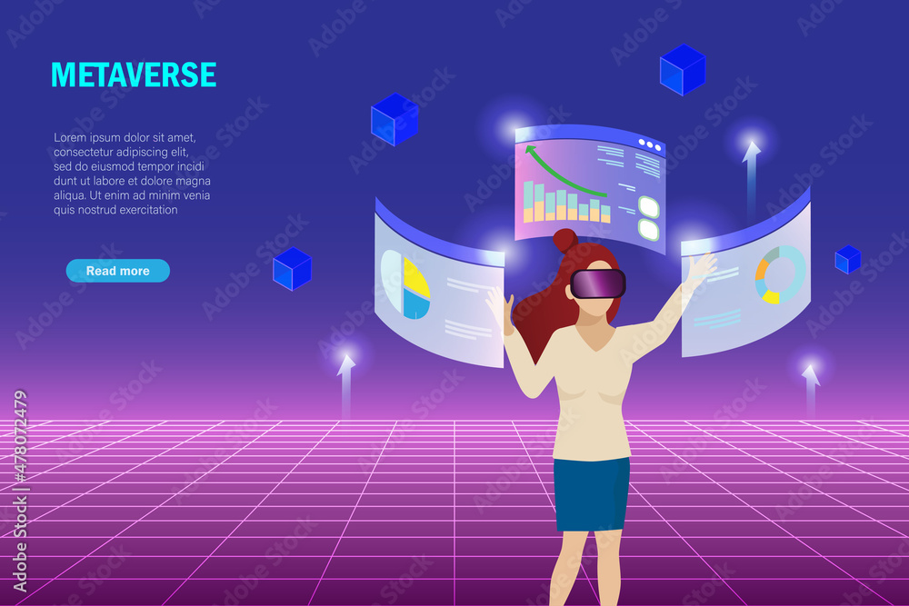 Metaverse in business workplace virtual reality environment. Woman wear ...