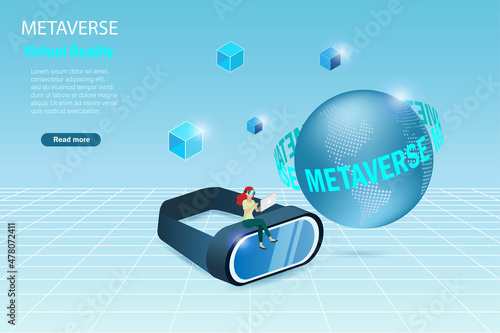 Metaverse and VR equipment. Virtual reality, augmented reality and blockchain technology. Woman sit on VR google glass experience 3D  interface in metaverse environment. photo