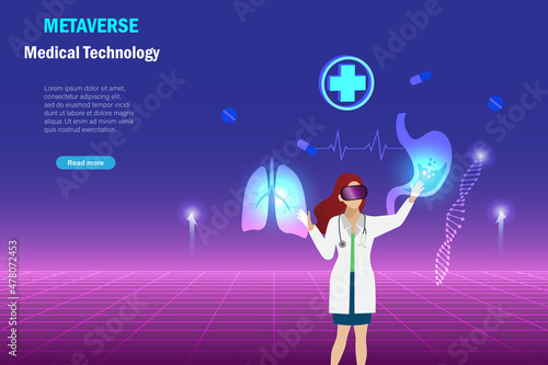 Metaverse in medical and healthcare, Doctor wear VR goggle glass experience 3D virtual reality learning, analysing and diagnosis human organs health problem in environment interface.