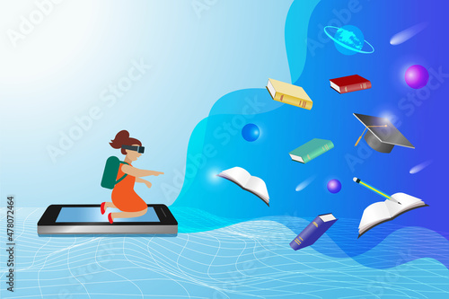 Metaverse online education technology. Kid on smartphone wear VR goggle glass learning 3D space and universes simulation interface.