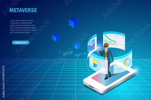 Metaverse in business workplace virtual reality environment. Businessman wear VR goggle glass experience 3D graph chart on smart phone metaverse screen device for smart analysing and decision making.