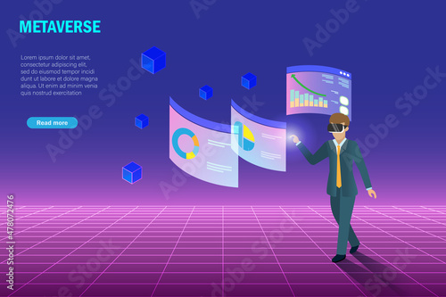 Metaverse in business workplace virtual reality environment. Businessman wear VR goggle glass analysing 3D graph chart metaverse screen  for smart decision making.