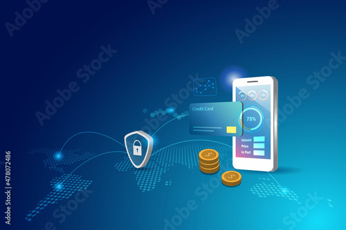 Global online investment and financial payment with security transaction on smart phone. Secure financial technology in digital network connecting concept.