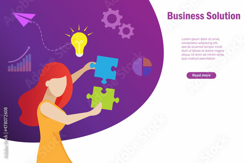 Business woman connecting jigsaw puzzles pieces together with business graph and chart icons. Inspiration, partnership, successful teamwork, business decision making concept.