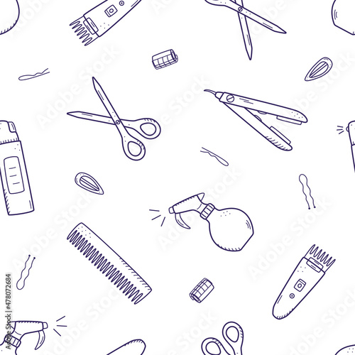 Seamless pattern of hairdressing elements. Vector illustration of doodle icons background, wallpaper. The concept of a hairdressing salon and a beauty salon.