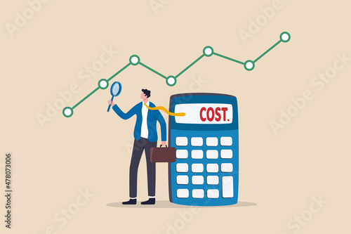 Cost management or expense analysis, business strategy to analyze and reduce cost to gain more profit concept, smart businessman using magnifying glass to analyze cost chart with calculator.