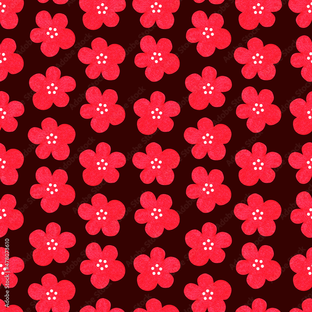 Seamless pattern of red flowers. Watercolor vintage illustration. Isolated on a burgundy background.