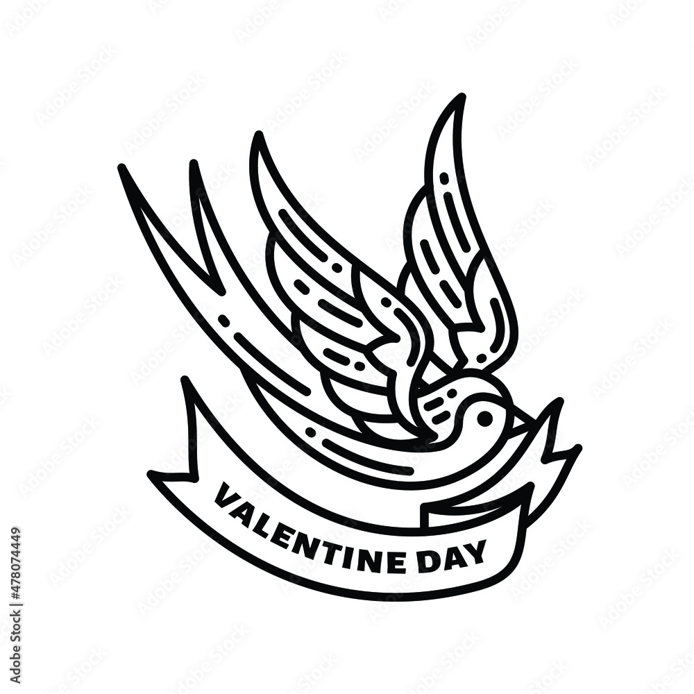 doodle outline of Swallow with Valentine's Day text in ribbon. doodle outline of Swallow with Valentine's Day text in ribbon.