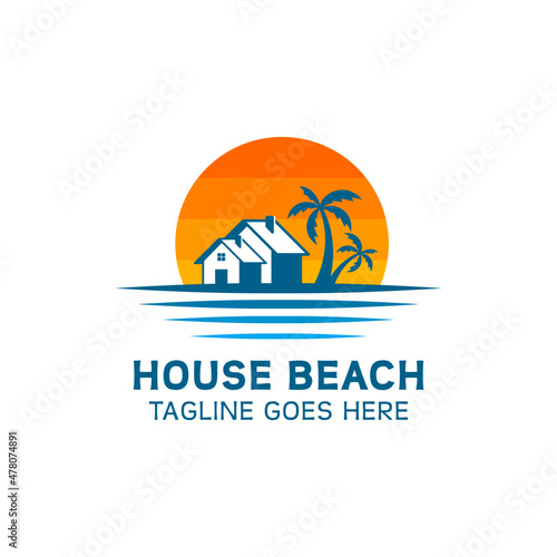 logo for beachfront inns. logo in the form of a house with a coconut or palm tree beside it and the sun behind it.
