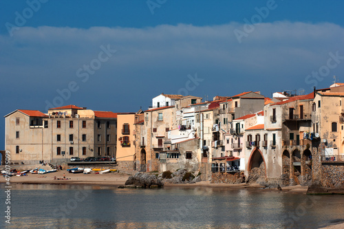 Buildings on mediterranean sea cost in Cefalu city Italy