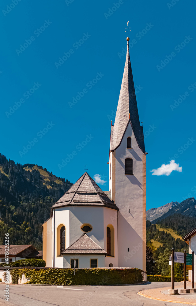 Beautiful church on a sunny summer day at Bichlbach, Tyrol, Austria