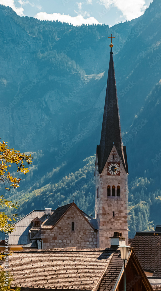 Beautiful church on a sunny summer day at Hallstatt, Upper Austria, Austria