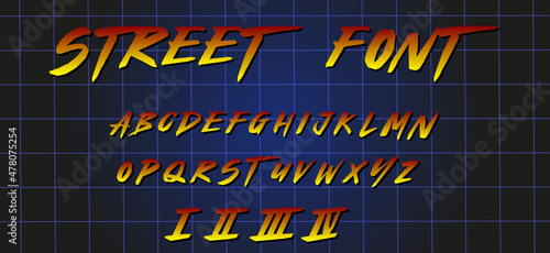 Arcade gaming retrowave font.Gradient letters and numbers on space, grid background. Sci-fi alphabet in retro 80's style. Synth Wave ABC.